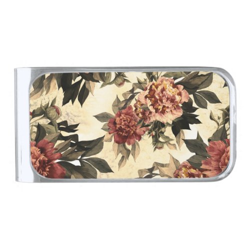 Floral Watercolor Roses Peonies Pattern Silver Finish Money Clip