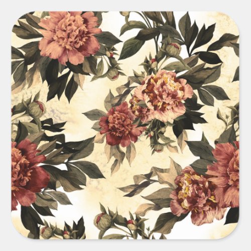 Floral Watercolor Roses Peonies Pattern Square Sticker
