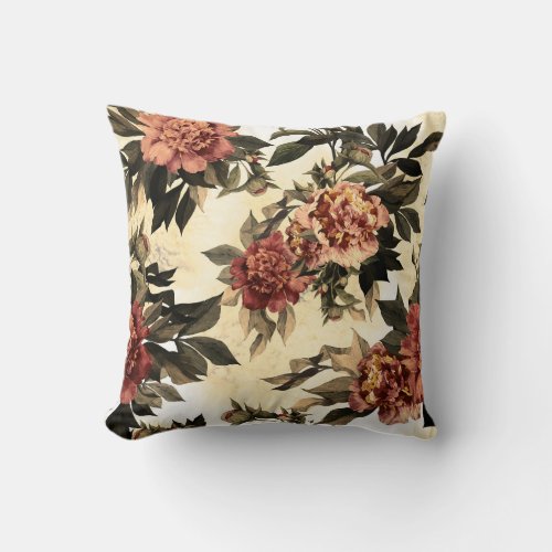 Floral Watercolor Roses Peonies Pattern Throw Pillow