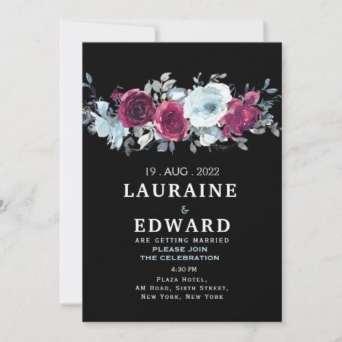 Floral watercolor roses peony black invitation