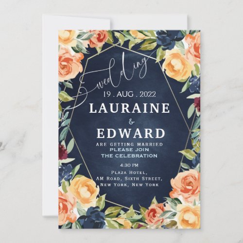 Floral watercolor roses peony blue invitation