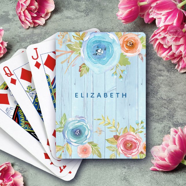 Floral watercolor rustic blue wood custom name poker cards (Creator Uploaded)