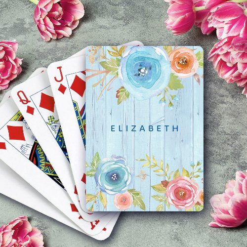 Floral watercolor rustic blue wood custom name poker cards