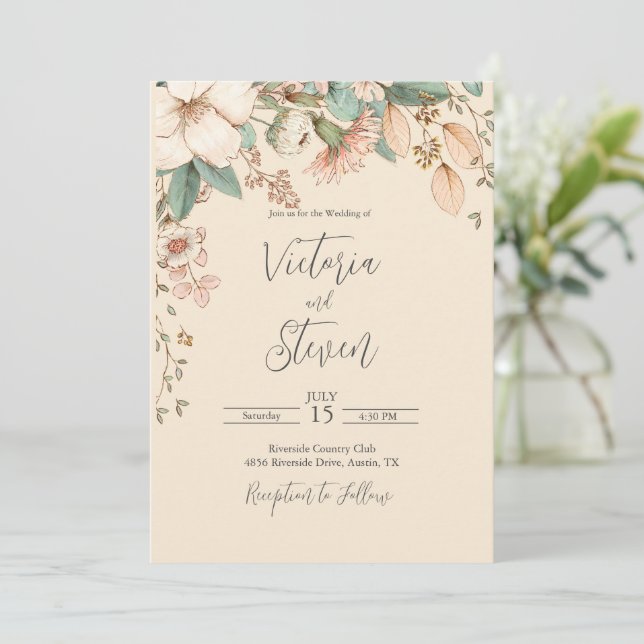 Floral Watercolor Rustic Script Wedding Invitation (Standing Front)