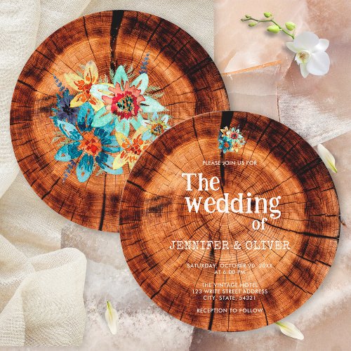 Floral Watercolor Rustic Wood Cut Slice Wedding Invitation