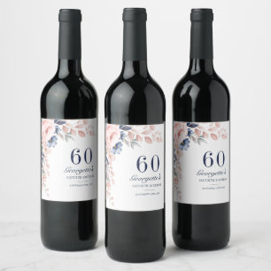 Floral Watercolor Script 60th Birthday Wine Label