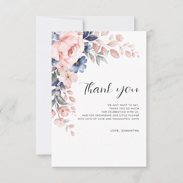 Floral Watercolor Script Baby Shower Thank You Card (Front)