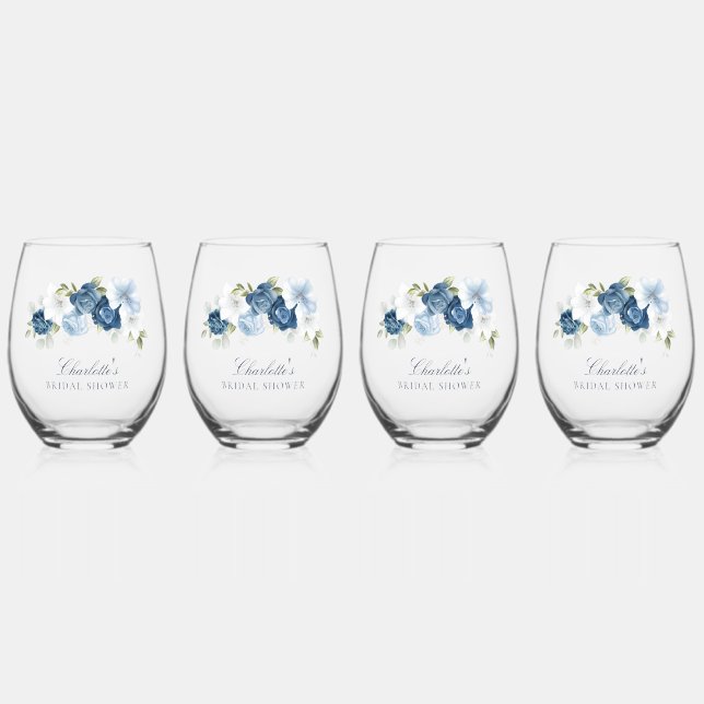 Floral Watercolor Script Bridal Shower Stemless Wine Glass (Front)