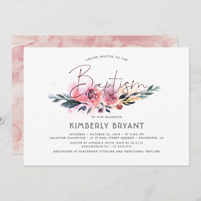 Floral Watercolor Script Elegant Baptism Invitation (Front/Back)