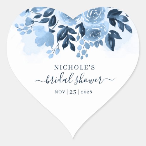 Floral Watercolor Script Navy Blue Bridal Shower Heart Sticker