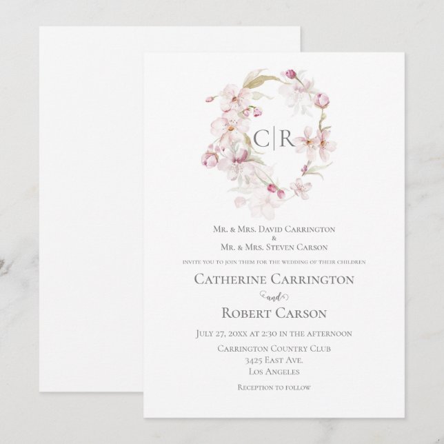 Floral Watercolor Script Pastel Pink Wedding Invitation (Front/Back)