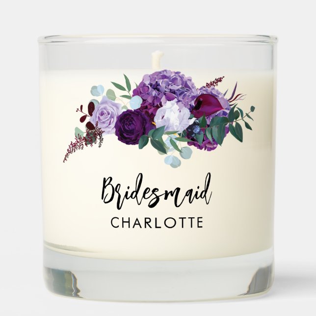 Floral Watercolor Script Purple Wedding Bridesmaid Scented Candle (Front)