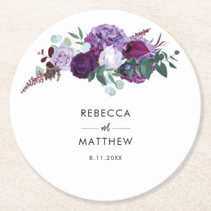 Floral Watercolor Script Wedding Favor Round Paper Coaster