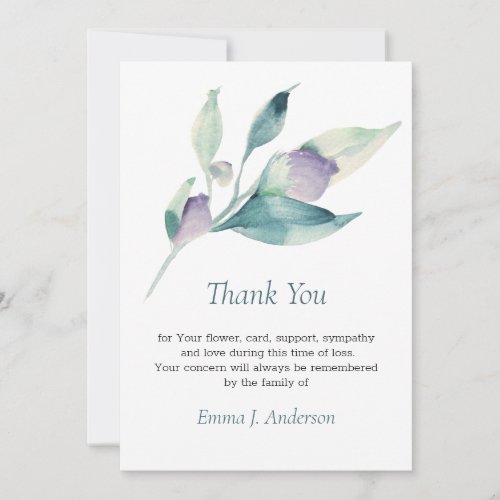 Floral  Watercolor Sea_green Funeral Sympathy Thank You Card