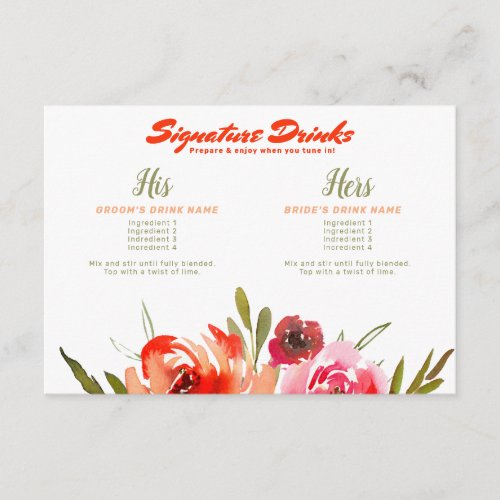 Floral Watercolor Signature Drinks Virtual Wedding Enclosure Card