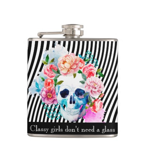 Floral Watercolor Skull With Stripes Flask