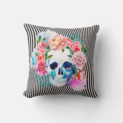Floral Watercolor Skull With Stripes Throw Pillow