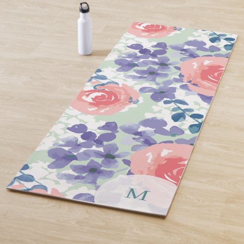 Floral Watercolor Soft Whimsical With Monogram Yoga Mat