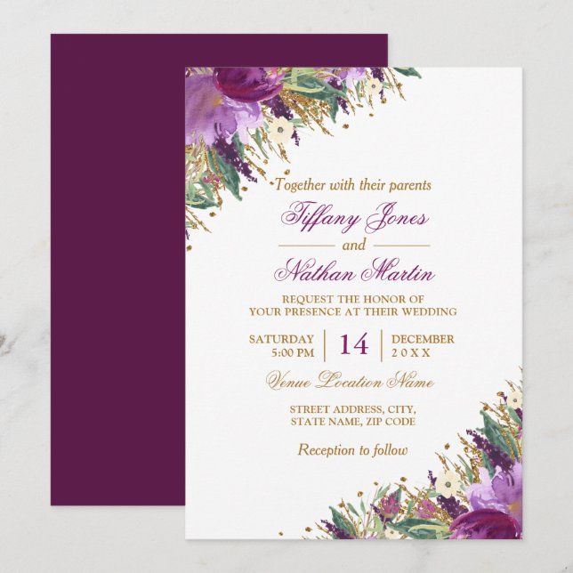 Floral Watercolor Sparkling Amethyst Wedding Invitation (Front/Back)