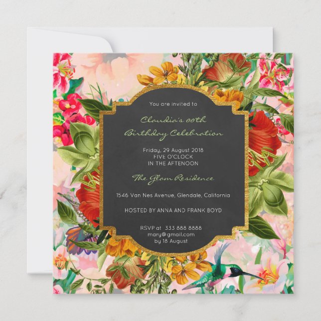 Floral Watercolor Spring Baroque Birthday Gold Invitation (Front)