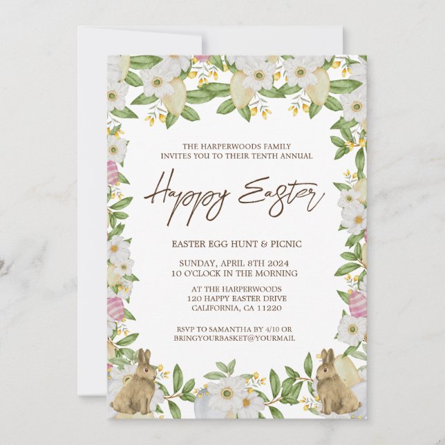 floral watercolor Spring Easter brunch & egg hunt Invitation (Front)