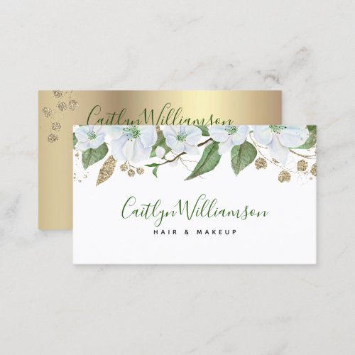 Floral Watercolor Stylish Script Gold White Modern Business Card
