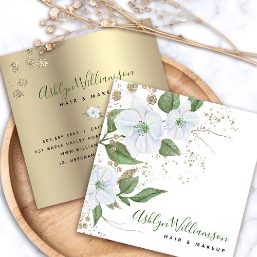 Floral Watercolor Stylish Script Modern Gold White Square Business Card