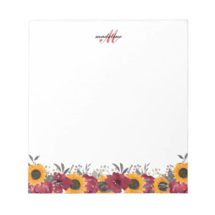 Floral Watercolor Sunflower Burgundy Monogram Note