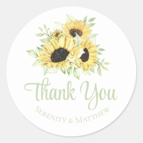 Floral Watercolor Sunflowers Wedding Thank You Classic Round Sticker
