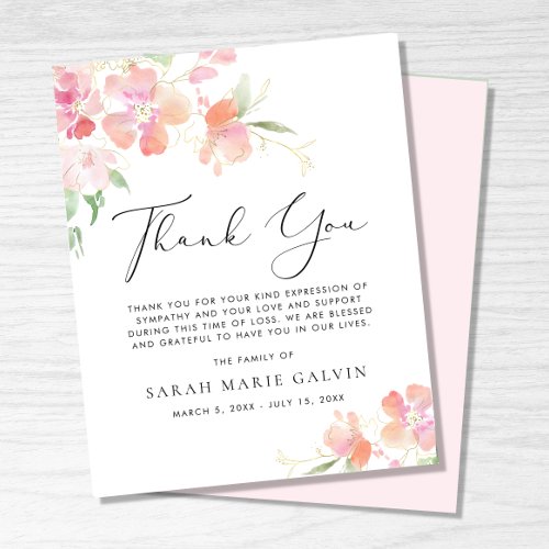 Floral Watercolor Sympathy Funeral Thank You Card