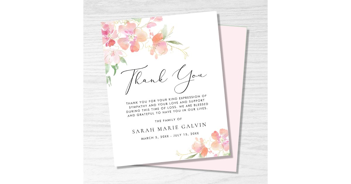 Floral Watercolor Sympathy Funeral Thank You Card | Zazzle