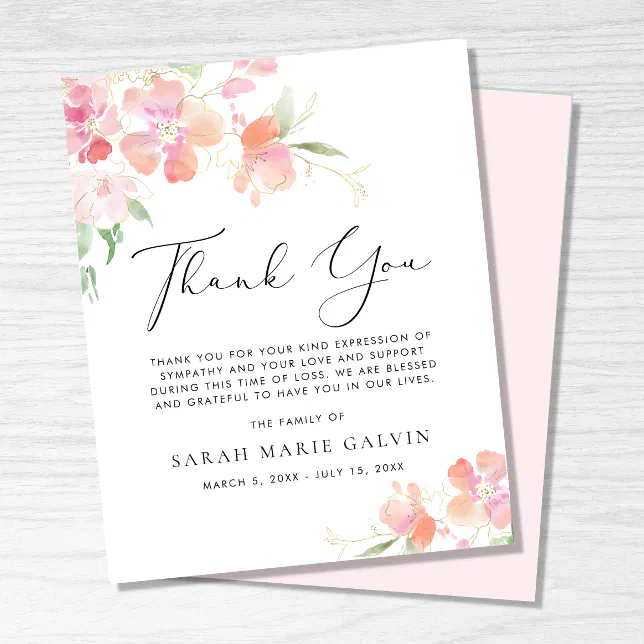 Floral Watercolor Sympathy Funeral Thank You Card | Zazzle