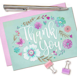 Floral watercolor Teal Flat Thank You Card