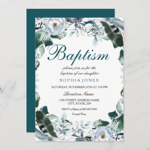 Floral Watercolor Teal Green Baptism Invitation