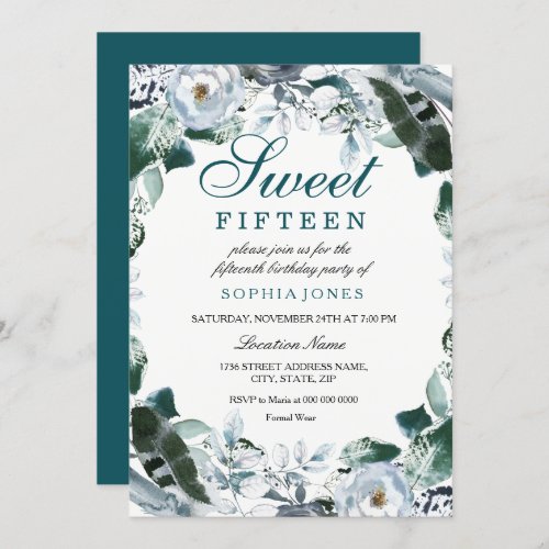 Floral Watercolor Teal Green Sweet 15 Party Invite