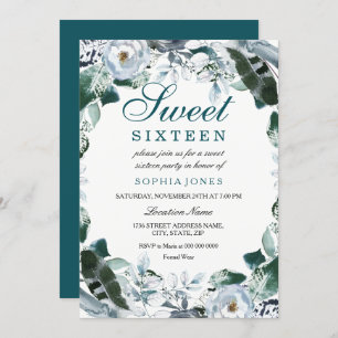 Floral Watercolor Teal Green Sweet 16 Party Invite