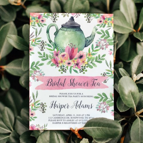 Floral Watercolor Teapot Bridal Shower Tea Invitation