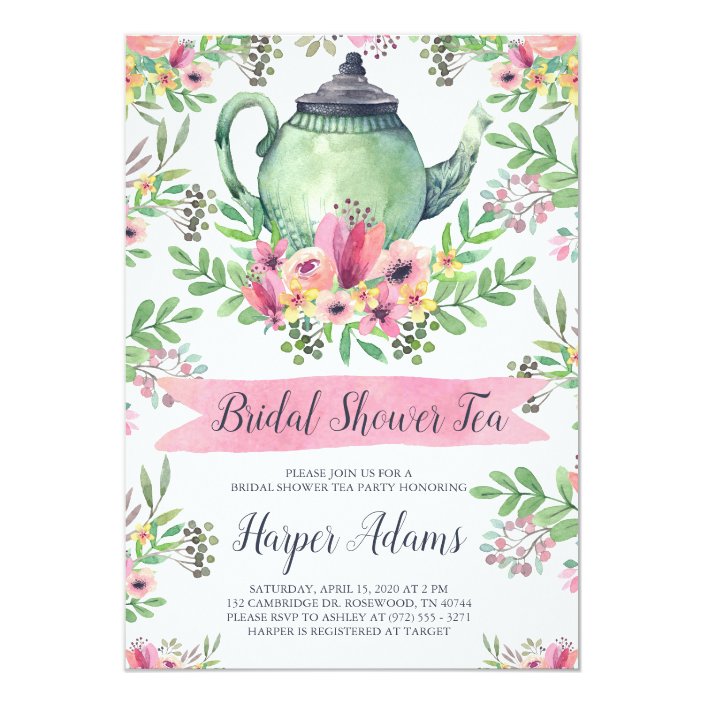Fl Watercolor Teapot Bridal Shower Tea Invitation Zazzle Fl Watercolor Teapot Bridal Shower