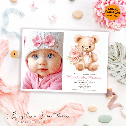 Floral Watercolor Teddy Bear Photo Girl Baptism Invitation