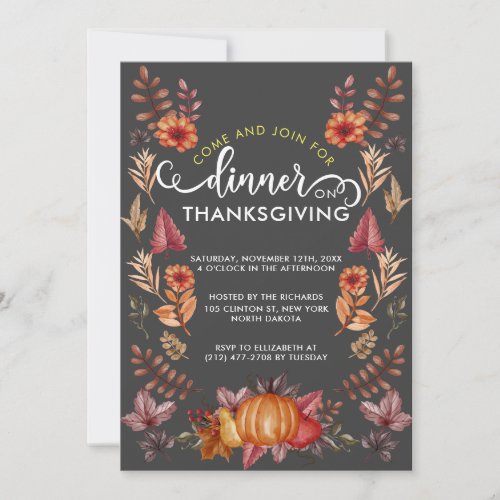 Floral Watercolor Thanksgiving Black Theme Dinner Invitation