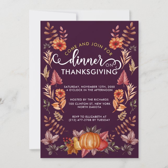Floral Watercolor Thanksgiving Dinner Invitation (Front)