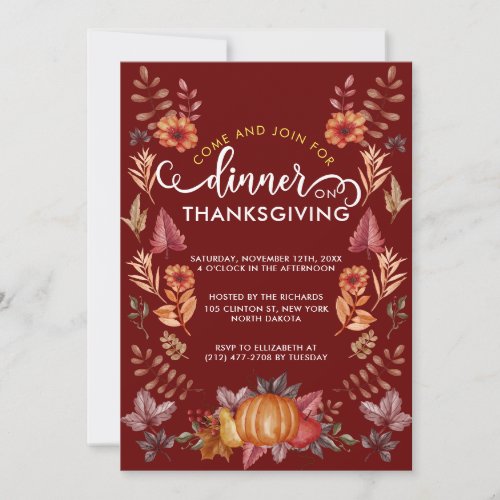 Floral Watercolor Thanksgiving Red Theme Dinner Invitation