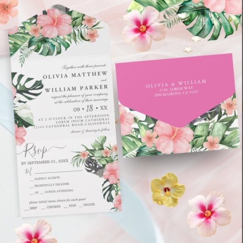 Floral Watercolor Tropical Greenery Budget Wedding All In One Invitation