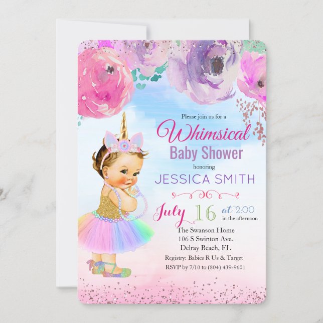 Floral Watercolor Unicorn Baby Shower Invitation (Front)