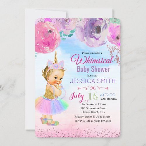 Floral Watercolor Unicorn Baby Shower Invitation
