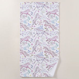 Floral Watercolor Unicorn Pattern Beach Towel