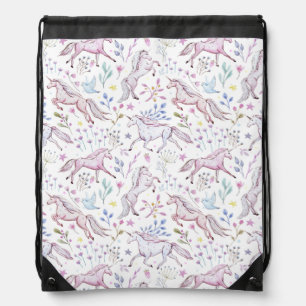 Floral Watercolor Unicorn Pattern Drawstring Bag