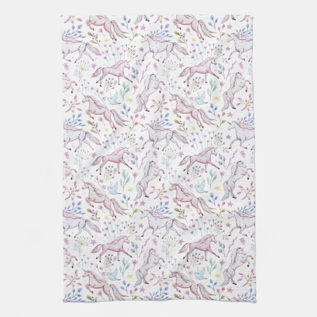 Floral Watercolor Unicorn Pattern Kitchen Towel (Vertical)