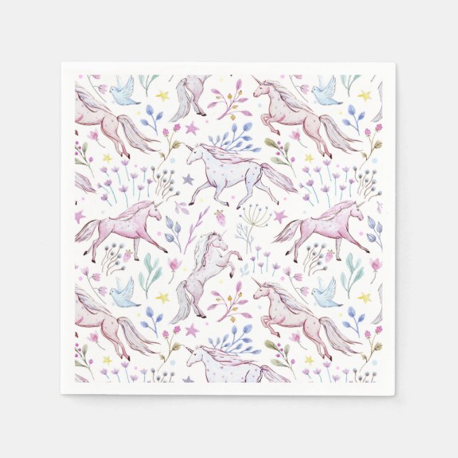 Floral Watercolor Unicorn Pattern Napkins (Front)