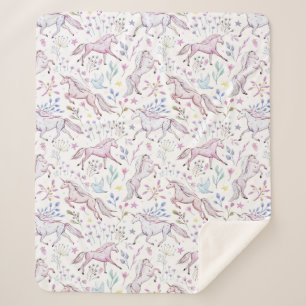Floral Watercolor Unicorn Pattern Sherpa Blanket